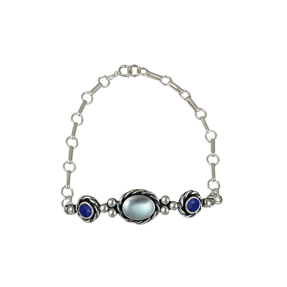 Sterling Silver Gemstone Adjustable Chain Bracelet With Blue Topaz And Lapis Lazuli